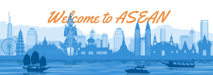 ASEAN famous landmark with blue and white color design,vector illustration