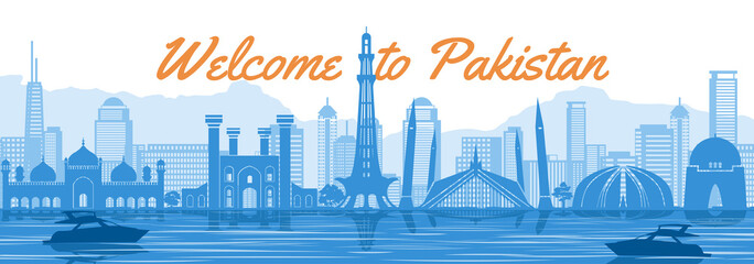 Obraz premium Pakistan famous landmark with blue and white color design,vector illustration