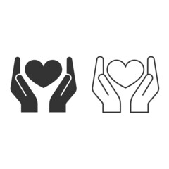Hands holding heart icon. Support, charity and volunteering icon