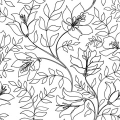 Floral seamless line art pattern. Flower outline background. Floral linear drawn texture with flowers. Flourish tiled wallpaper