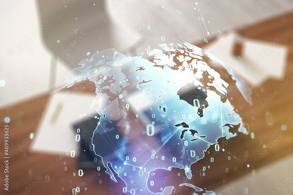 Poster abstract creative coding illustration with world map and modern desktop with pc on background, inter