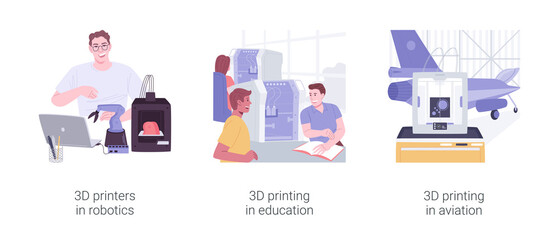 3D printing applications isolated cartoon vector illustrations set.