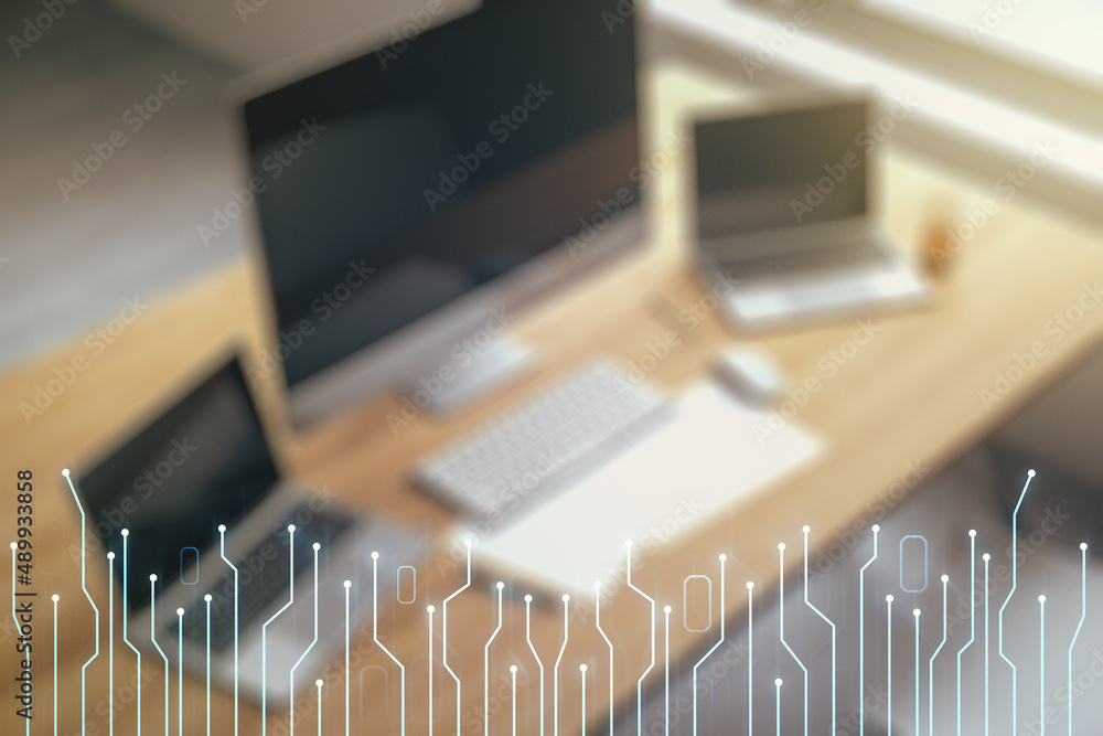 Aufkleber Double exposure of circuit hologram and modern desktop with laptop on background. Research and development hardware concept
