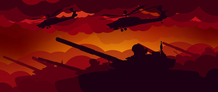 War. Tanks and helicopters. The offensive. Tank columns are going on the attack. Red sky. Vector background