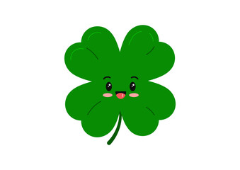 Cute clover character four leaf good luck charm mascot isolated on white background. Green smiling kids kawaii emoji 4 leaves clover lucky emoji. Flat design cartoon plant grass vector illustration.
