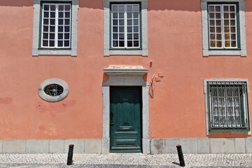 Pink facade-two story townhouse-green door and windows-Old Town-Vila Adentro. Faro-Portugal-125
