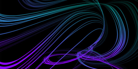 Abstract geometric illustration of doodle waves with felt-tip pen with gradient on dark background. Abstract halographic gradient background. Threads, traces of smoke.