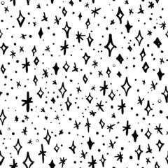 All over vector seamless repeat pattern with ditsy twinkling shining black stars on white background
