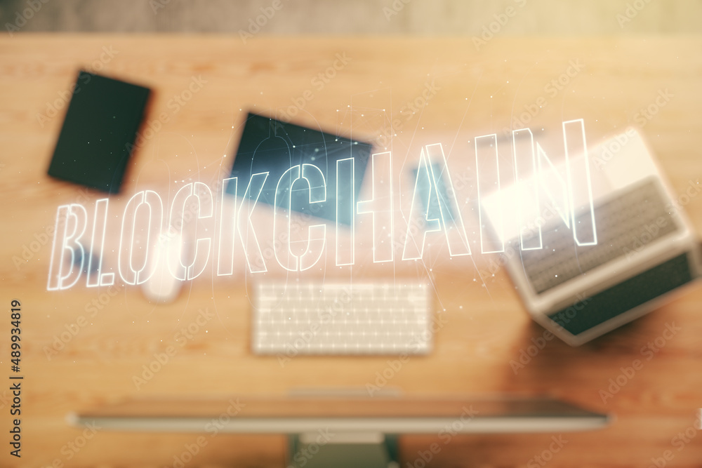 Aufkleber creative abstract blockchain technology sketch on modern laptop background, future technology and bl