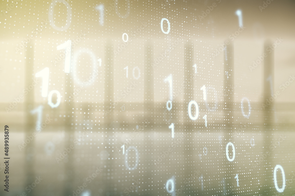 Poster abstract virtual binary code hologram on abstract empty interior background, ai and machine learning