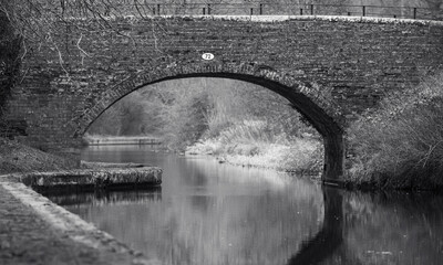 Black and white bridge scene on a canal in Solihull