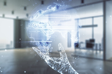 Abstract creative digital world map on a modern furnished classroom background, globalization concept. Multiexposure