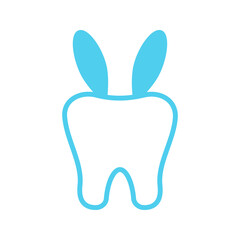 Easter bunny rabbit teeth dental icon isolated on white background. Dentist easter cute white tooth with bunny ears and space for text. Flat design cartoon vector dentistry clip art illustration.
