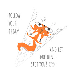 Squirrel climbs a tree for a nut. Vector illustration isolated on white background with motivation phrase.