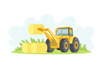 Yellow tractor hay baler agricultural farming machinery vector illustration on white background © Happypictures