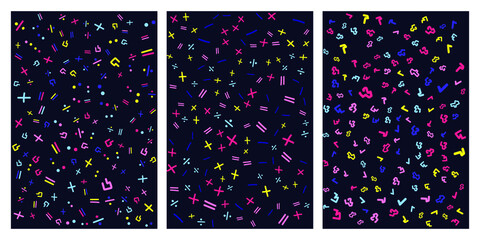 patterns, Abstract geometric backgrounds with different geometric shapes - triangles, circles, points, lines. Memphis style. Bright and colorful, 90's style. Seamless vector pattern. neon color, rando