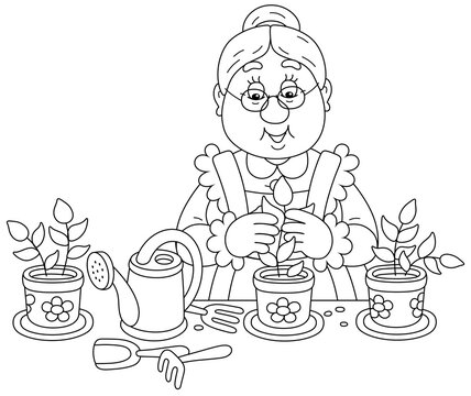 granny planting flowers, black and white clip art preview