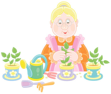 granny tending plants, cartoon style, gardening clip art preview