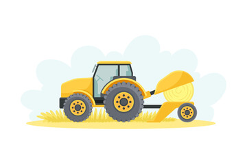 Yellow tractor hay baler, agricultural farming machinery vector illustration