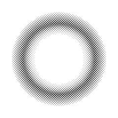 Circular dot frame. Circle faded dots. Round border with effect halftone. Modern pattern. Futuristic ring. Radiant boarder isolated on white background. Semitone digital points. Vector illustration