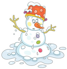 Funny toy snowman with a spotted kitchen pan and a tasty sweet carrot thawing in a puddle on a warm spring day, vector cartoon illustration isolated on a white background