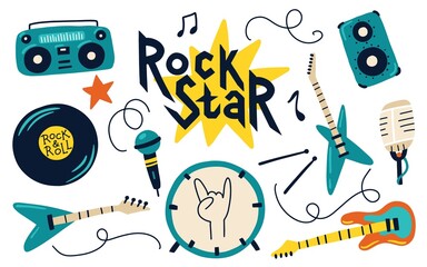 Rock vector collection with illustrations of musical instruments for children. Hand drawn cartoon illustrations in a funny doodle style. Ideal for prints on baby clothes, posters, rock punk parties.