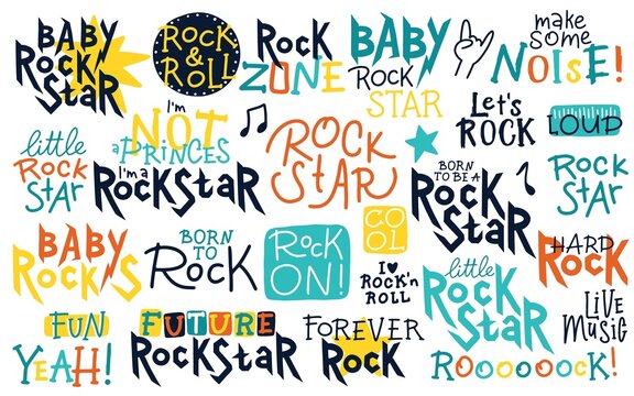 Rock lettering. Graffiti vector collection for kids. Handwritten words and phrases in a funny doodle style. Ideal for prints on baby clothes, posters, rock punk themed parties.