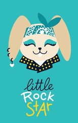 Rock Rabbit girl postcard - little rock star. Vector cartoon character in rock accessories and a cool bandana on his head. Illustration on blue background for kids in funny doodle style.