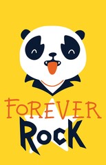 Rock panda with tongue postcard - rock forever. Vector cartoon character in rock accessories. llustration on yellow background for kids in funny doodle style.