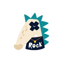 Rock Crocodile. Vector cartoon character with a hayer in rock accessories and a t-shirt with a plectrum. Isolate illustration on white background for kids in funny doodle style.
