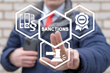 Concept of sanctions. Sanctioned country and goods. International economic, financial and political sanctions. Execution of sanctions pressure. Russia embargo and sanctions. - obrazy, fototapety, plakaty