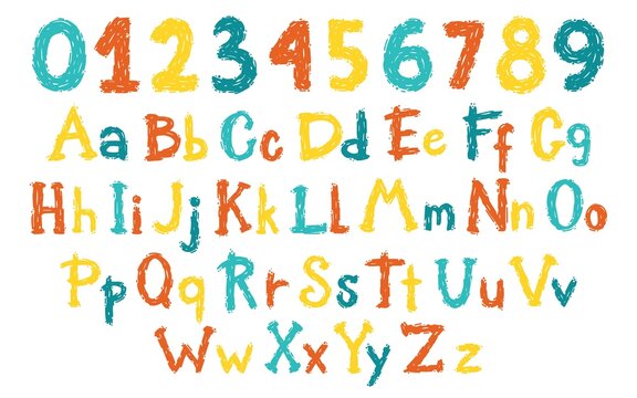 Rock grunge graffiti stamp abs numbers. Vector English Alphabet in cartoon hand-drawn brush style. Colorful letters on a white background. Ideal for baby names, birthday cards, kids t-shirt prints.