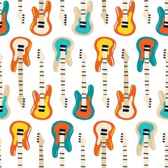Retro electro guitars seamless pattern. Hand drawn colorful illustrations in simple doodle cartoon childish style. Ideal for baby textiles, wallpaper, wrapping paper.