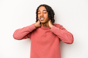 Young African American man isolated on white background suffering neck pain due to sedentary...