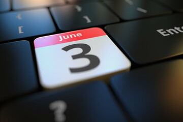 June 3 date on a keyboard key, 3d rendering