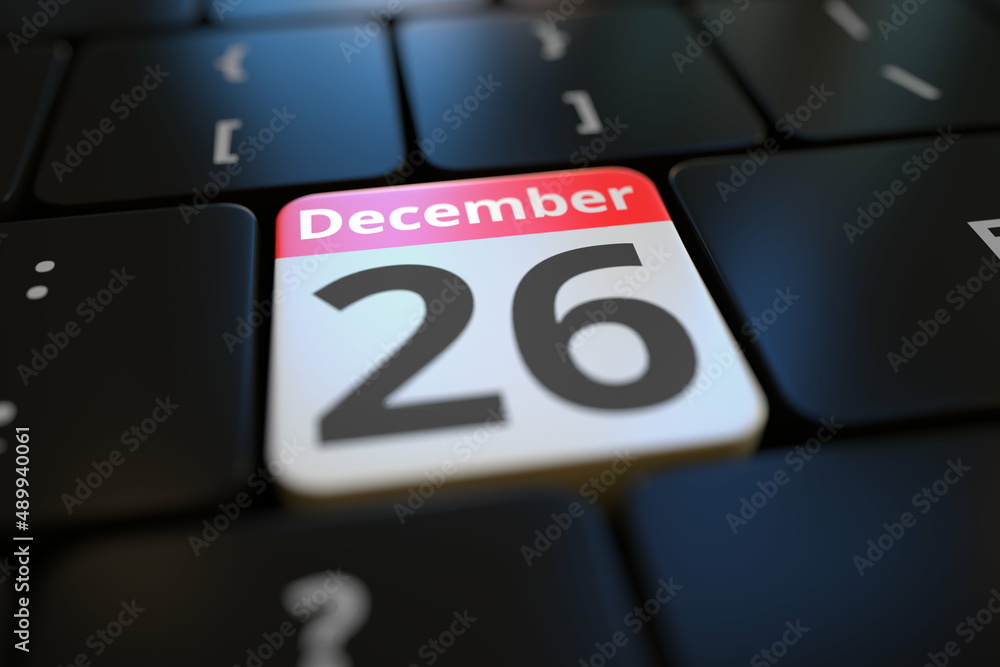 Poster december 26 date on a keyboard key, 3d rendering