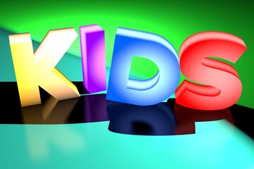 KIDS.Children's word letters large. Glowing neon children's letters. 3D illustration. Children's abstract concept.