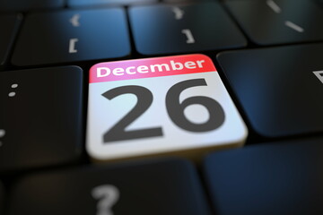 December 26 date on a keyboard key, 3d rendering
