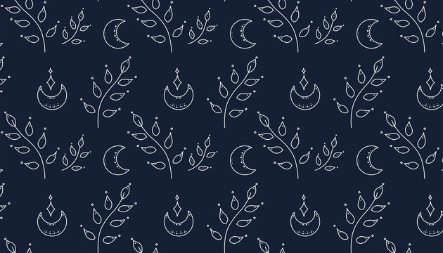 Esoteric seamless pattern with branches and crescent moon on the dark blue background