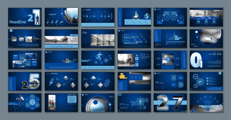 Business presentations, Powerpoint, infographics, teamwork. Gradient, blue design elements on blue background. Use in slides, commercials, marketing. Business people, sign, construction, businessman 