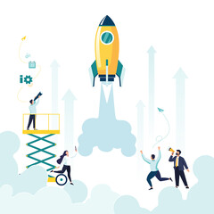 Startup project rocket. A group of people come up with an idea, start a new business project in a young creative business company. Career advancement to success, business analysis. Vector illustration