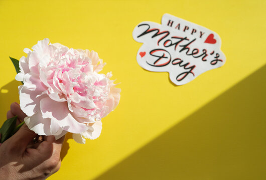 happy mother's day text and pink peonies on yellow background, top view. Stylish floral greeting card concept, flat lay. mothers day. spring image.Handwritten lettering.