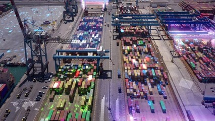 Futuristic Port harbor with 5G network and technology data communication, aerial, technology concept, drone shot with artificial intelligence and drones, digital network - Powered by Adobe