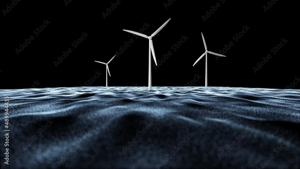 Poster 3d energy wind turbines rotation on dark sea landscape seamless loop animation background.
