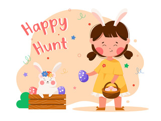 Obraz na płótnie Canvas Happy Easter hunt cute vector illustration. Easter bunny, Easter eggs and cute child baby girl with basket. Isolated editable background. 