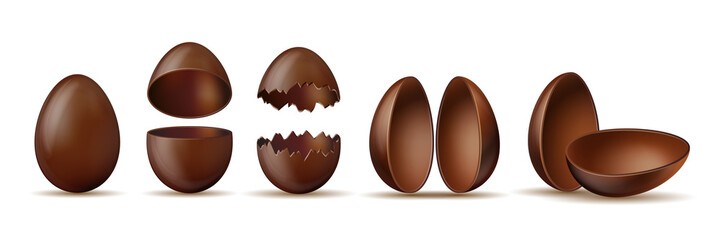 Set of Chocolate eggs. Broken and cracked eggshell with halves and whole egg