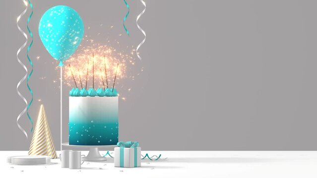 Birthday party decor on white table 3d animation 4K background includes a cake with burning sparklers, a balloon and a gift box. Festive decorations with copy space