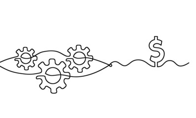 Abstract round metal gears wheels with dollar as line drawing on white background. Vector