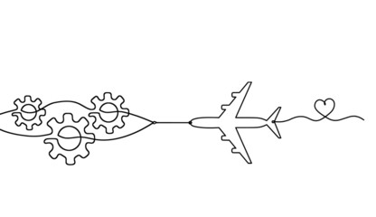 Abstract round metal gears wheels with plane as line drawing on white background