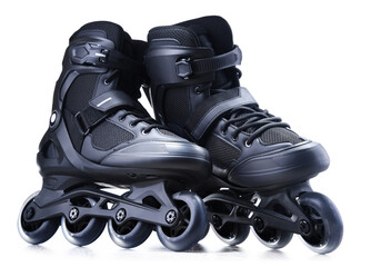 A pair of black inline skates isolated on white background